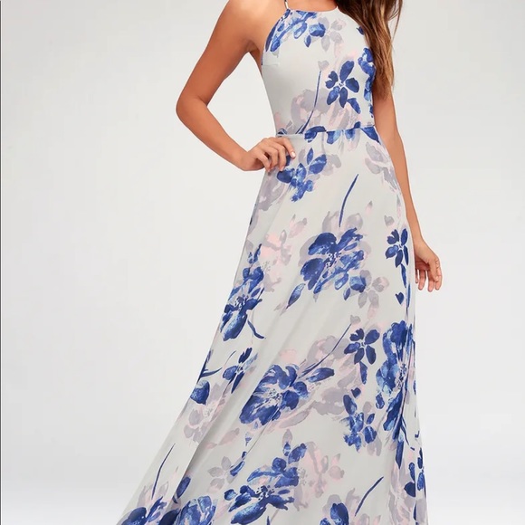 Lulu’s All I Need Grey Floral Print Lace-Up Maxi Dress - Picture 1 of 6